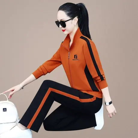 立领休闲运动服套装女春秋新款洋气减龄拉链卫衣外套直筒裤两件套商品大图