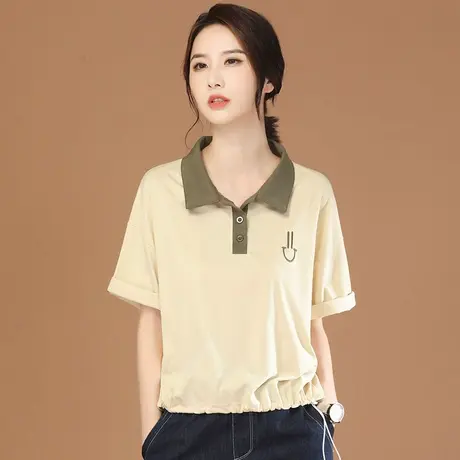 韩潮袭人娃娃领撞色短袖t恤女2023新款夏装宽松半袖体恤短款上衣图片