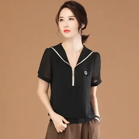 韩潮袭人海军领短袖刺绣T恤女2023夏新款宽松休闲百搭上衣薄款图片