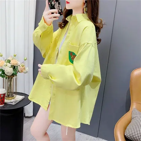 复古港味牛仔衬衫女春秋2023新款韩版宽松洋气糖果色长袖衬衣外套商品大图