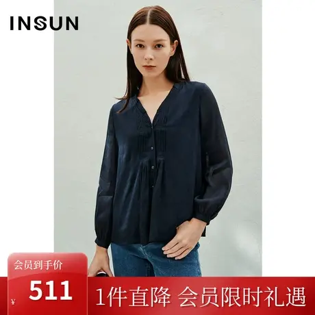 恩裳2023年春款新款亚麻桑蚕丝混纺V领舒适宽松通透衬衫图片