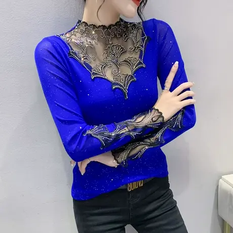 性感网纱镂空T恤女士气质长袖内搭半高领打底衫欧货烫钻漂亮上衣商品大图
