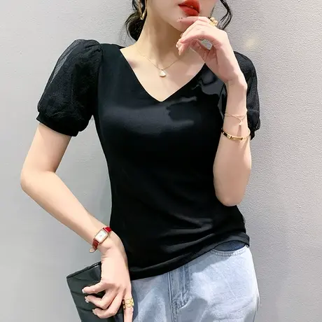 女装2023新款潮时尚泡泡袖T恤短袖修身显瘦洋气上衣别致V领小衫夏商品大图