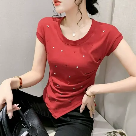 欧货不规则短袖T恤女洋气设计感小众烫钻上衣气质收腰半袖小衫夏图片