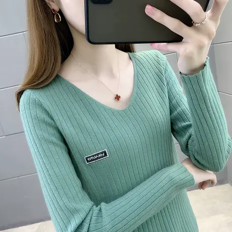 毛衣2023年新款爆洋气时尚漂亮上衣低领V领白色打底衫女春秋内搭图片