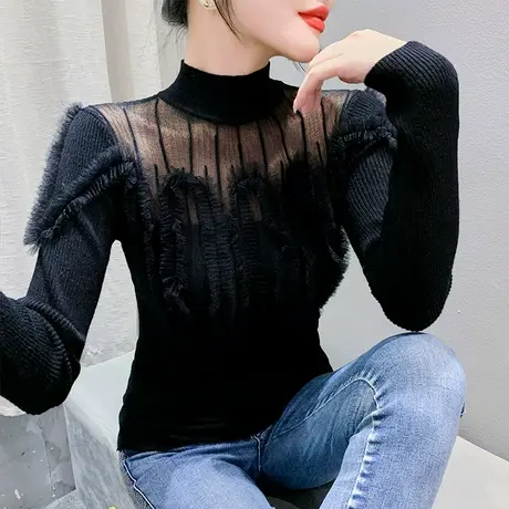 性感网纱拼接半高领毛衣气质减龄花边上衣秋冬新款修身套头针织衫图片