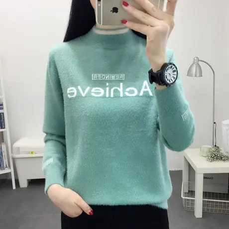 半高领仿貂绒蕾丝拼接加厚女士毛衣2022秋冬新款洋气爆款韩版上衣商品大图