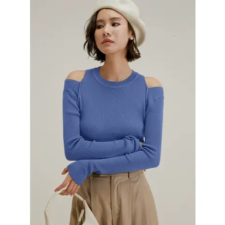 弥古修身长袖露肩针织衫上衣女秋季显瘦打底衫高级感蓝色毛衣内搭图片