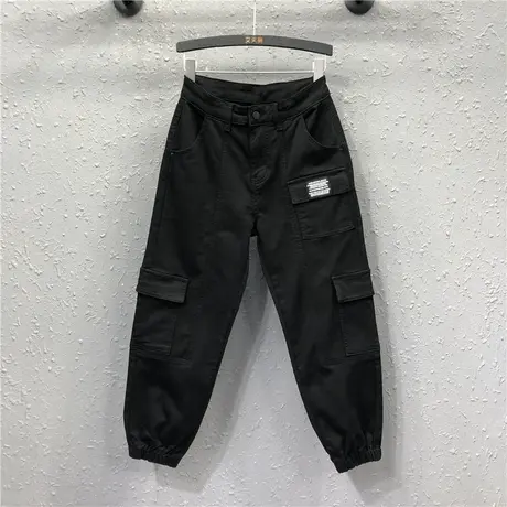 欧货春夏新款个性潮束脚工装裤休闲宽松显瘦黑色高腰牛仔哈伦裤女商品大图