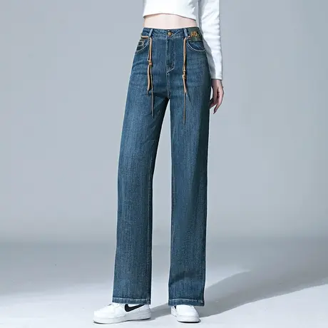 深色高腰牛仔直筒长裤女秋款2023年新款显瘦宽松春秋腰带阔腿女裤图片