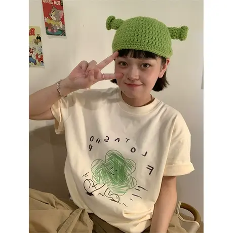 红续手绘涂鸦印花短袖T恤女韩版休闲纯棉宽松上衣夏季2023年新款图片