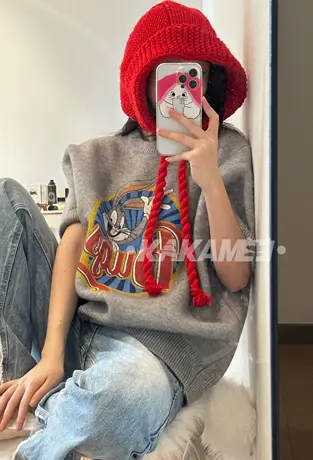 2023春秋新款卡通兔八哥北极绒双织短袖套头毛衣宽松百搭显瘦上衣图片