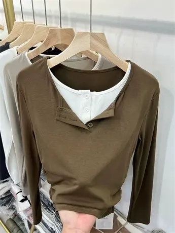 设计感假两件拼接针织衫圆领纽扣上衣小衫女2023初秋装抽褶打底衫商品大图