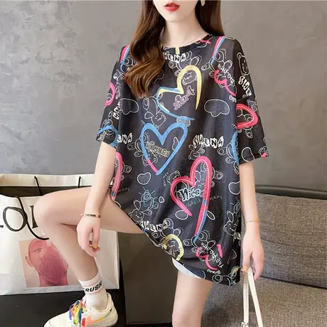 设计感小众短袖t恤女夏季韩版宽松大码女装中长款ins涂鸦上衣服潮商品大图