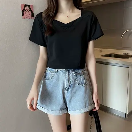 港风cec超火方领短袖T恤女夏季新款修身显瘦气质百搭纯欲风上衣潮商品大图