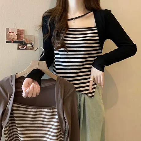 假两件不规则T恤女初秋洋气修身显瘦拼接设计感小众短款长袖上衣图片