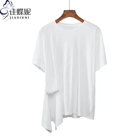 夏季新款韩版纯棉圆领宽松休闲小心机绑带短袖体恤上衣白色女T恤图片