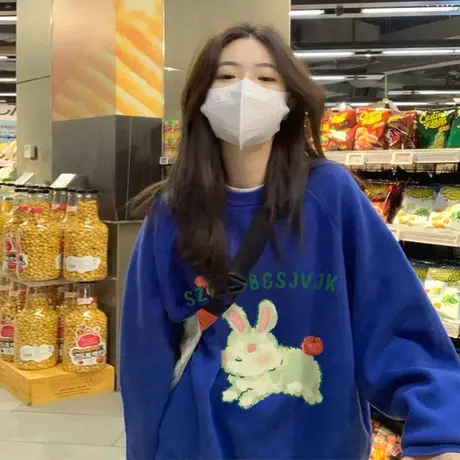 设计感兔子印花卫衣女2023新款春秋薄款ins潮牌宽松大码早春上衣图片