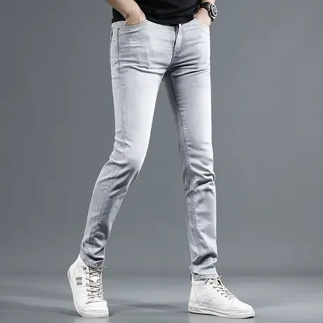 浅灰色高端牛仔裤男2023年夏季新款修身小脚弹力百搭男士薄款长裤图片