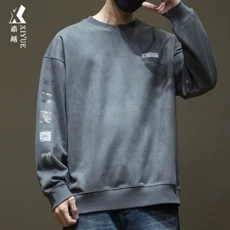 希越380g重磅麂皮绒卫衣男秋季复古镂空印花宽松大码胖子套头男装图片