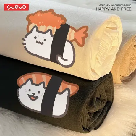 悦游 寿司猫狗 三文鱼鲜虾短袖纯棉潮流卡通ins日系情侣装t恤宽松商品大图