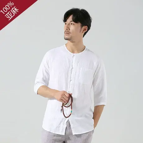 萨法瑞断码99夏季亚麻七分袖休闲衬衫男无领宽松中袖上衣复古衬衣图片