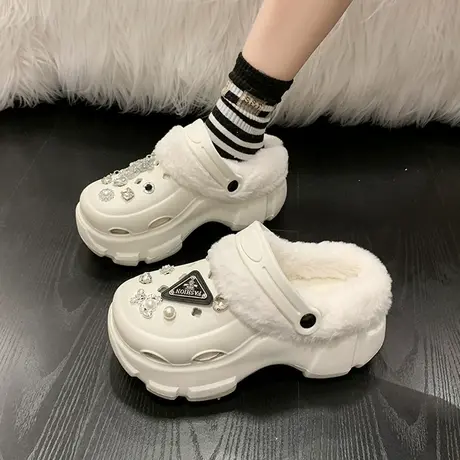 洞洞鞋女加绒外穿2023秋冬新款厚底增高可爱少女心包头保暖棉拖鞋商品大图