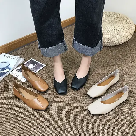 2023韩版春季新款奶奶鞋复古浅口低跟百搭单鞋平底鞋方头舒适女鞋商品大图