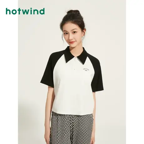 热风2023年夏季新款女士撞色插肩袖POLO衫休闲透气拼色短袖女商品大图