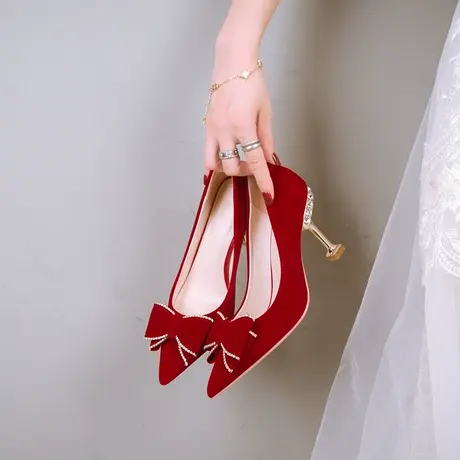 婚鞋新娘鞋红色细高跟鞋春女2024新款不累脚敬酒中式秀禾服结婚鞋图片