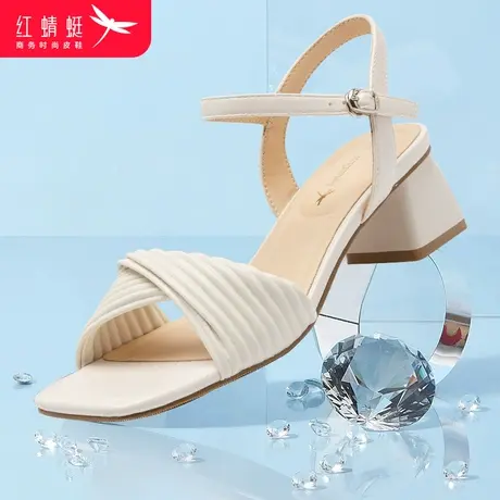 红蜻蜓女鞋夏季一字扣带粗跟露趾凉鞋简约百搭高跟休闲时装凉鞋女图片