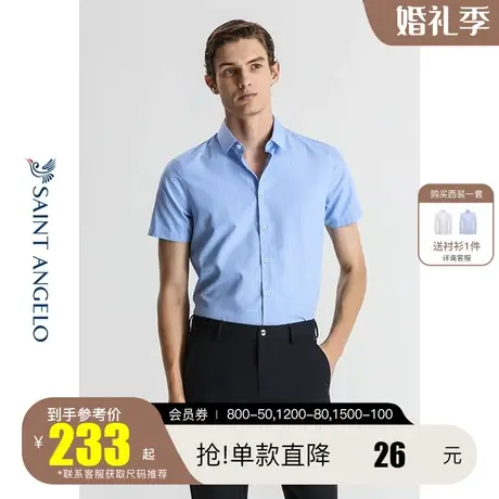 报喜鸟2022夏季新款男士商务衬衣 蓝色格纹修身职业装男短袖衬衫图片