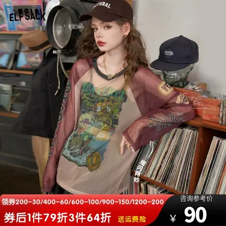 妖精的口袋印花长袖t恤女2023秋季新款美式复古圆领防晒辣妹上衣商品大图