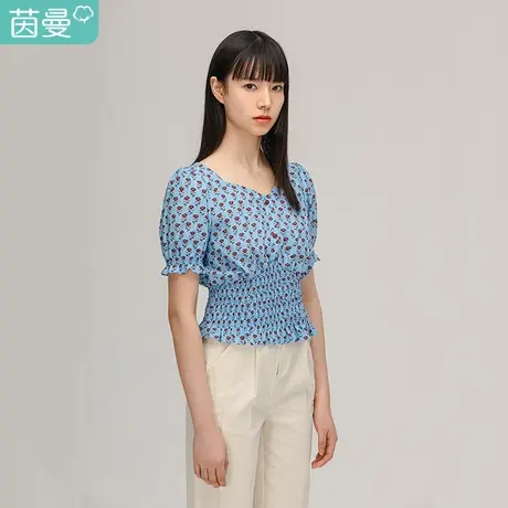 【商场同款】茵曼2023特价清仓桃心领印花打揽收腰修身短款上衣图片