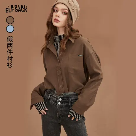 妖精的口袋咖色假两件灯芯绒衬衫女2022秋冬新款内搭打底小众上衣商品大图