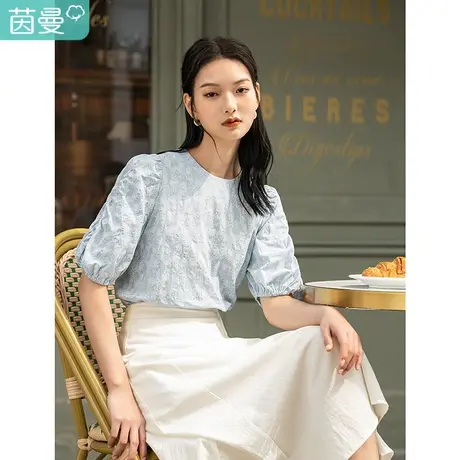 茵曼2022夏装新款圆领抽褶遮肉泡泡袖水滴后领提花显瘦淑女上衣商品大图