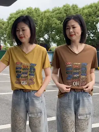 v领印花洋气t恤女2023新款夏季休闲小众韩版时尚百搭显瘦短袖上衣商品大图