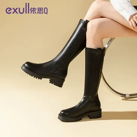 exull/依思Q长筒靴女2023年冬季复古新款加绒高筒靴黑色女时装靴图片