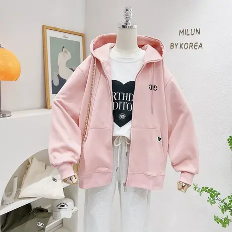 2022秋款开衫外套韩版纯色简约百搭慵懒风休闲宽松连帽卫衣大码图片