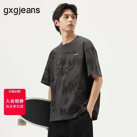 gxg.jeans男装  深灰色涂鸦字母满印时尚圆领短袖T恤男 25夏新品商品大图