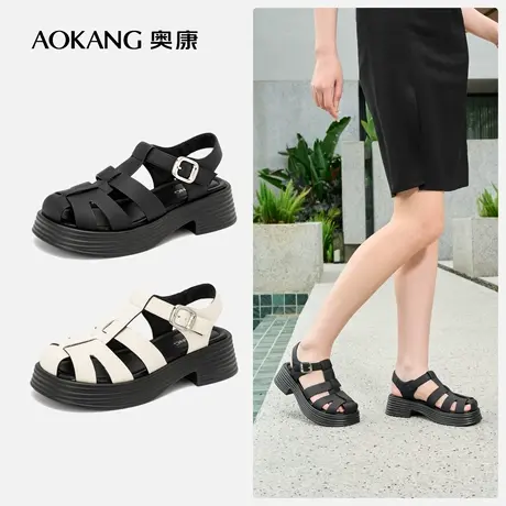 奥康女鞋夏季复古包头罗马鞋度假风编织猪笼鞋时尚百搭时装凉鞋商品大图