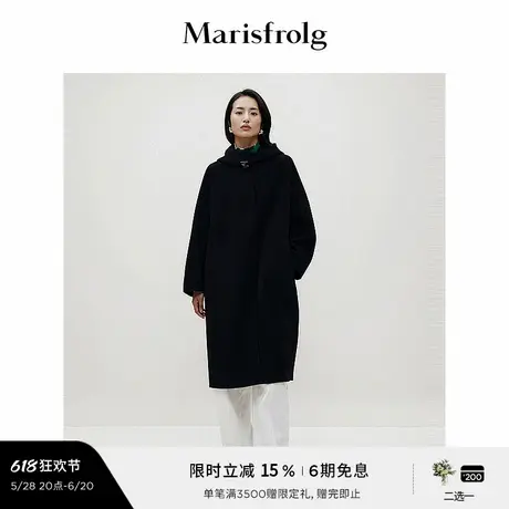【艺术时装大衣】玛丝菲尔时尚气质黑色立领连帽绵羊毛大衣外套女图片