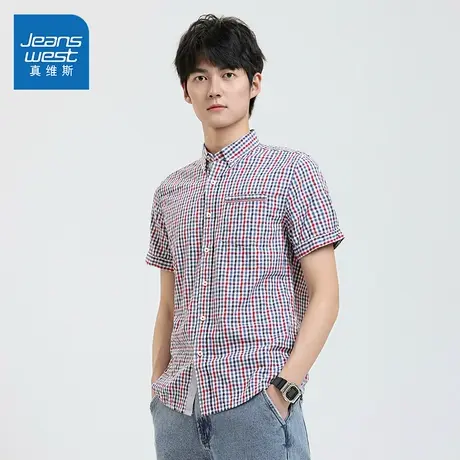 LY真维斯男装上衣夏季衬衣 男款休闲格仔短袖纯棉开衫纯棉衬衫潮商品大图