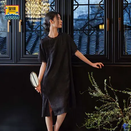 爱慕皇锦真丝女士中式提花罗短袖连衣裙子-浣溪沙HJ51048商品大图