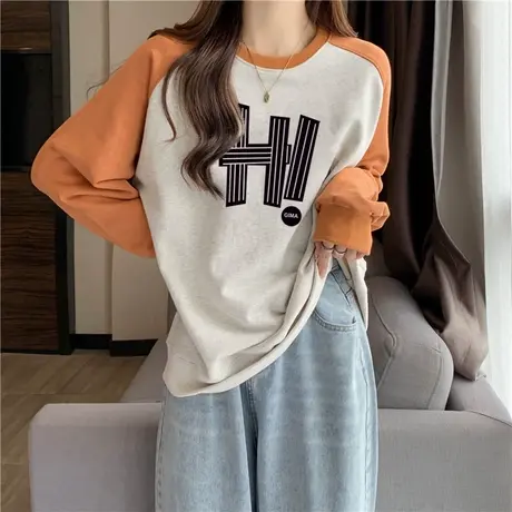 美式复古插肩长袖T恤女2023春秋新款宽松拼接撞色内搭打底衫上衣商品大图