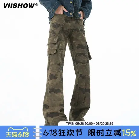 VIISHOW夏季新款美式迷彩裤潮牌工装裤男喇叭裤高挑百搭长裤子男商品大图