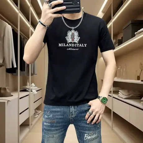 网红爆款丝光棉烫砖短袖T恤男2024夏季时尚潮流帅气刺绣半袖男装图片