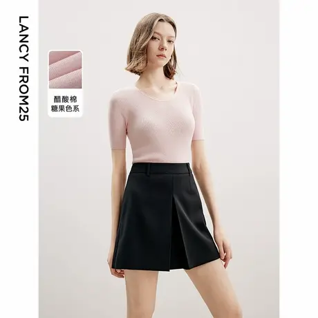 朗姿醋酸修身高级感气质短袖百搭上衣女2024秋季新款薄款毛针织衫图片