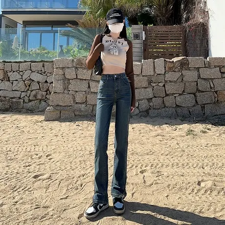 唐狮复古开叉牛仔裤女秋冬季新款宽松直筒裤高腰显瘦阔腿长裤子GT商品大图