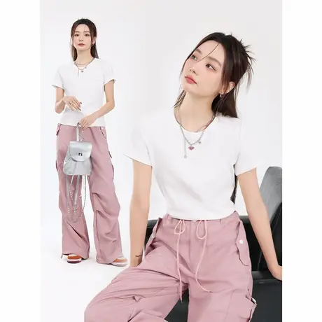 KWV真维斯正肩小个子短款洋气卡腰女2025夏季新款白色修身短袖t恤商品大图